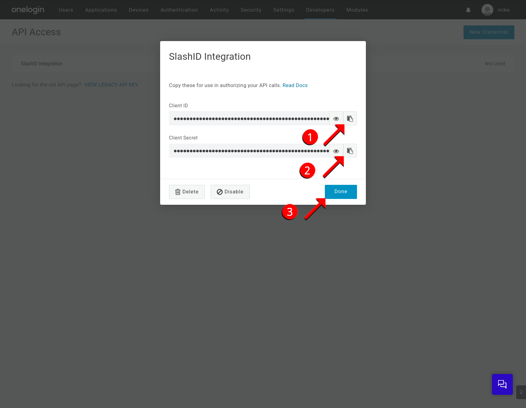 copy the credential values