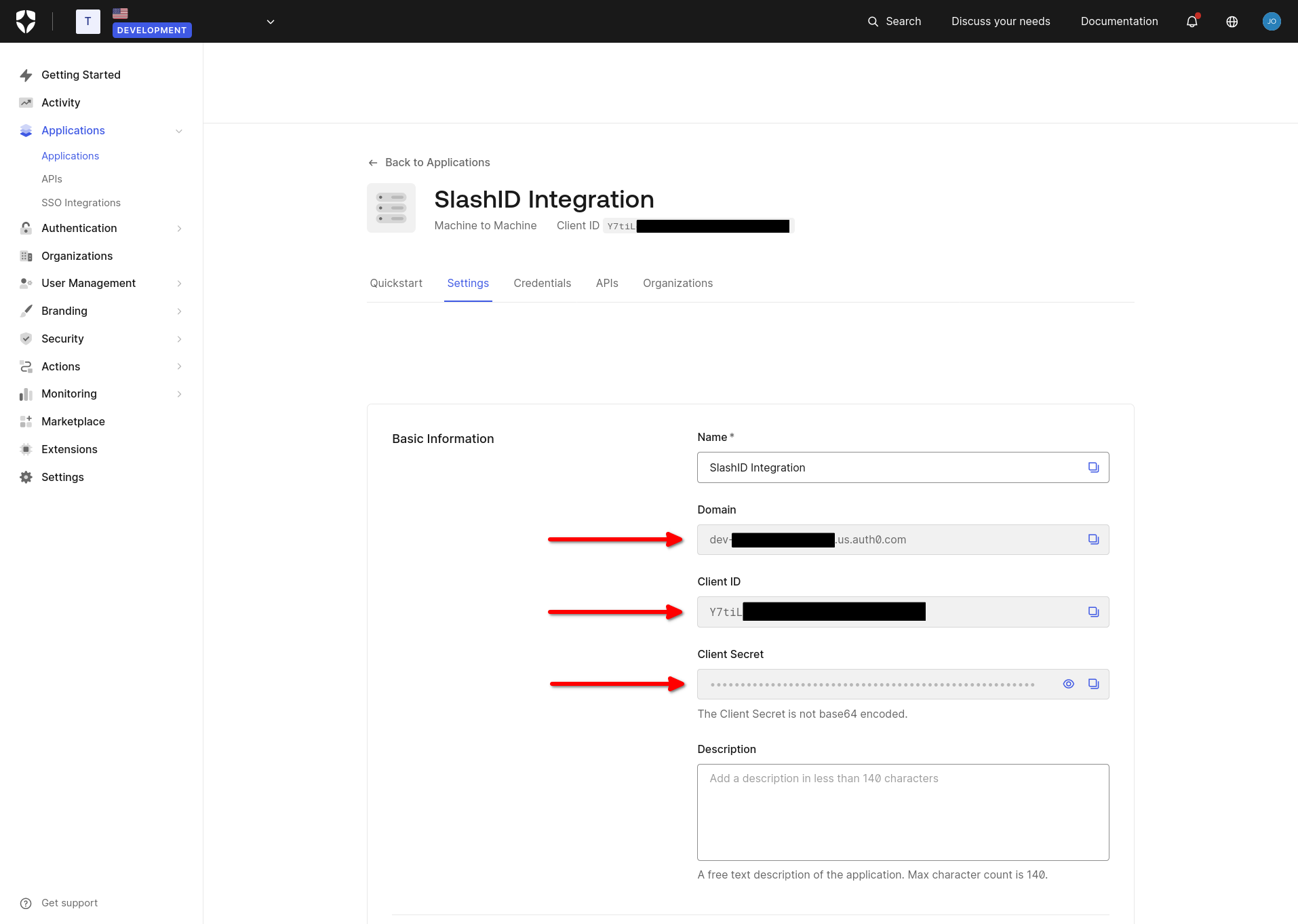 Copy the application's credentials.