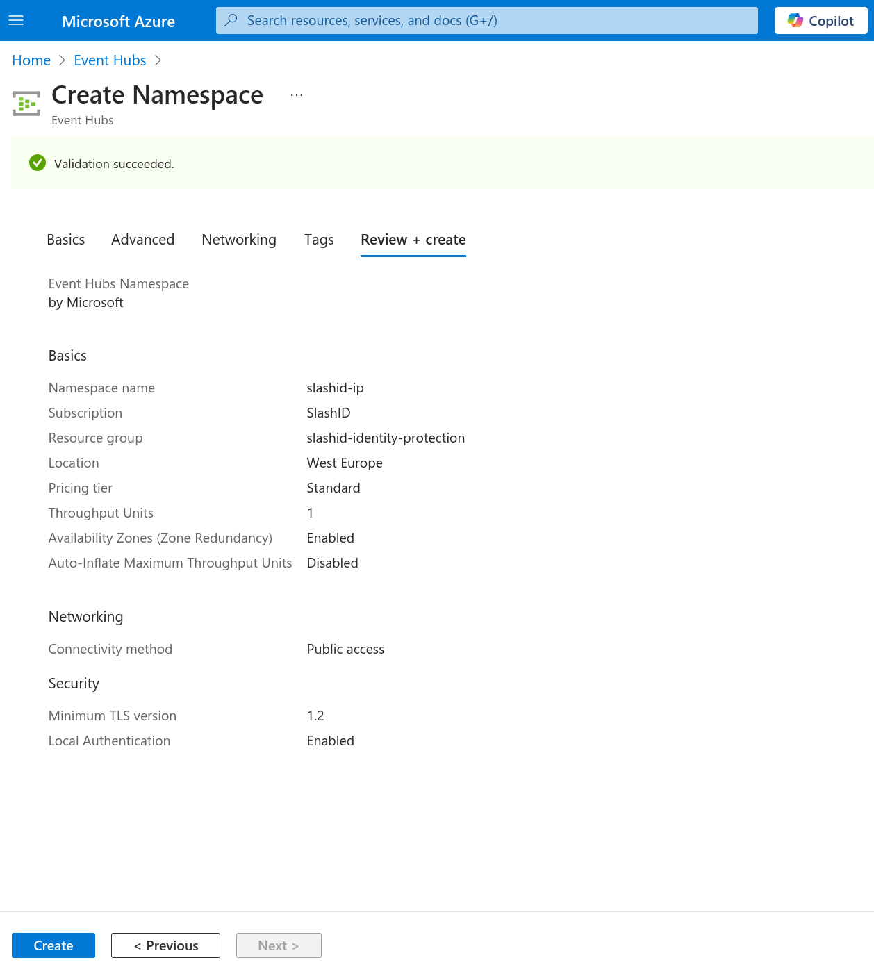 Review Event Hub Namespace creation