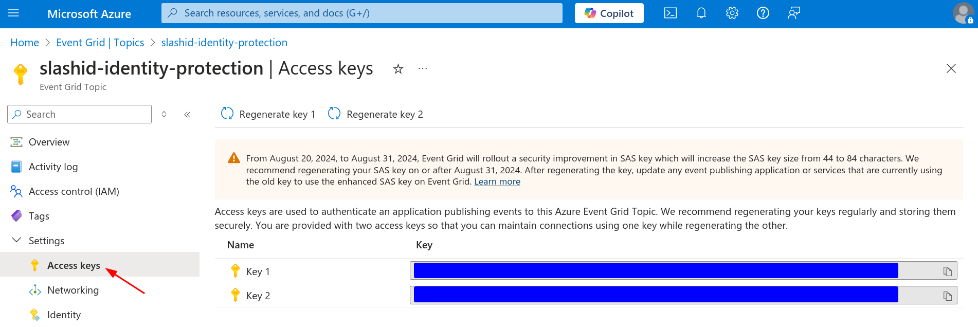 See the access keys of the Event Grid Topic