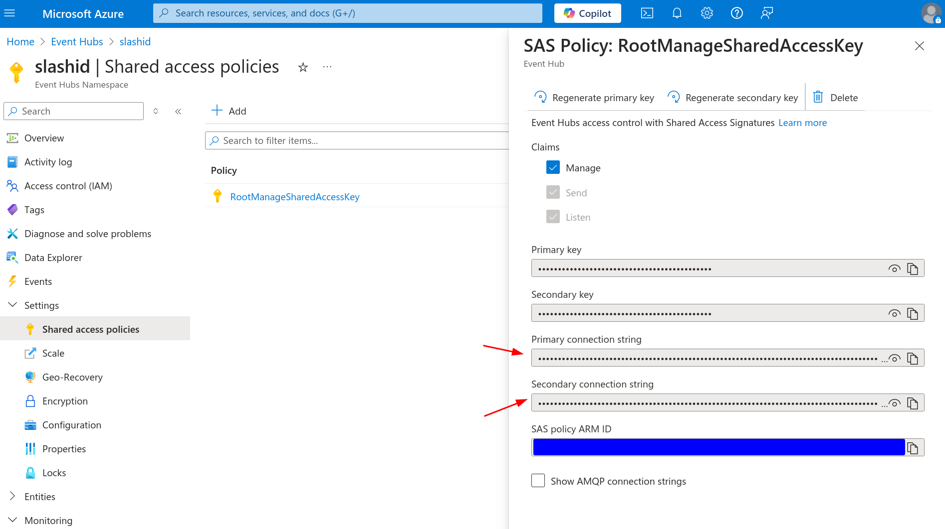 See the connection strings for the Event Hub Namespace