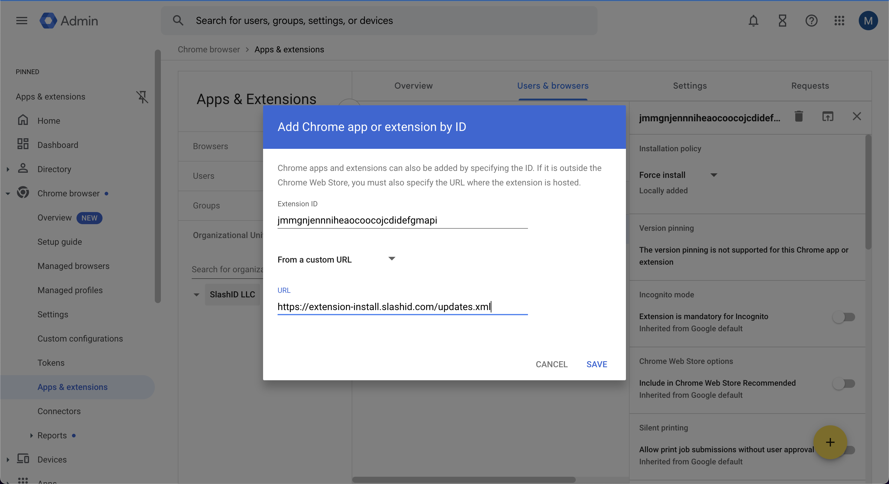 Google admin - add extension