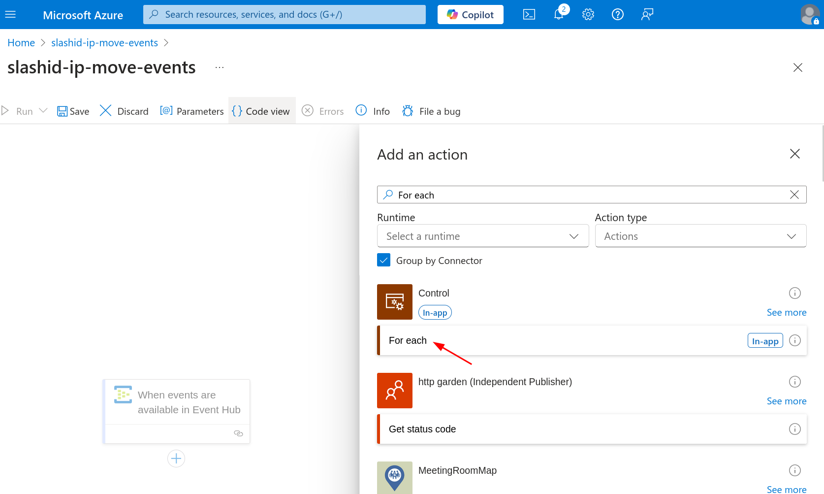 Add a "For each" action to the Logic App