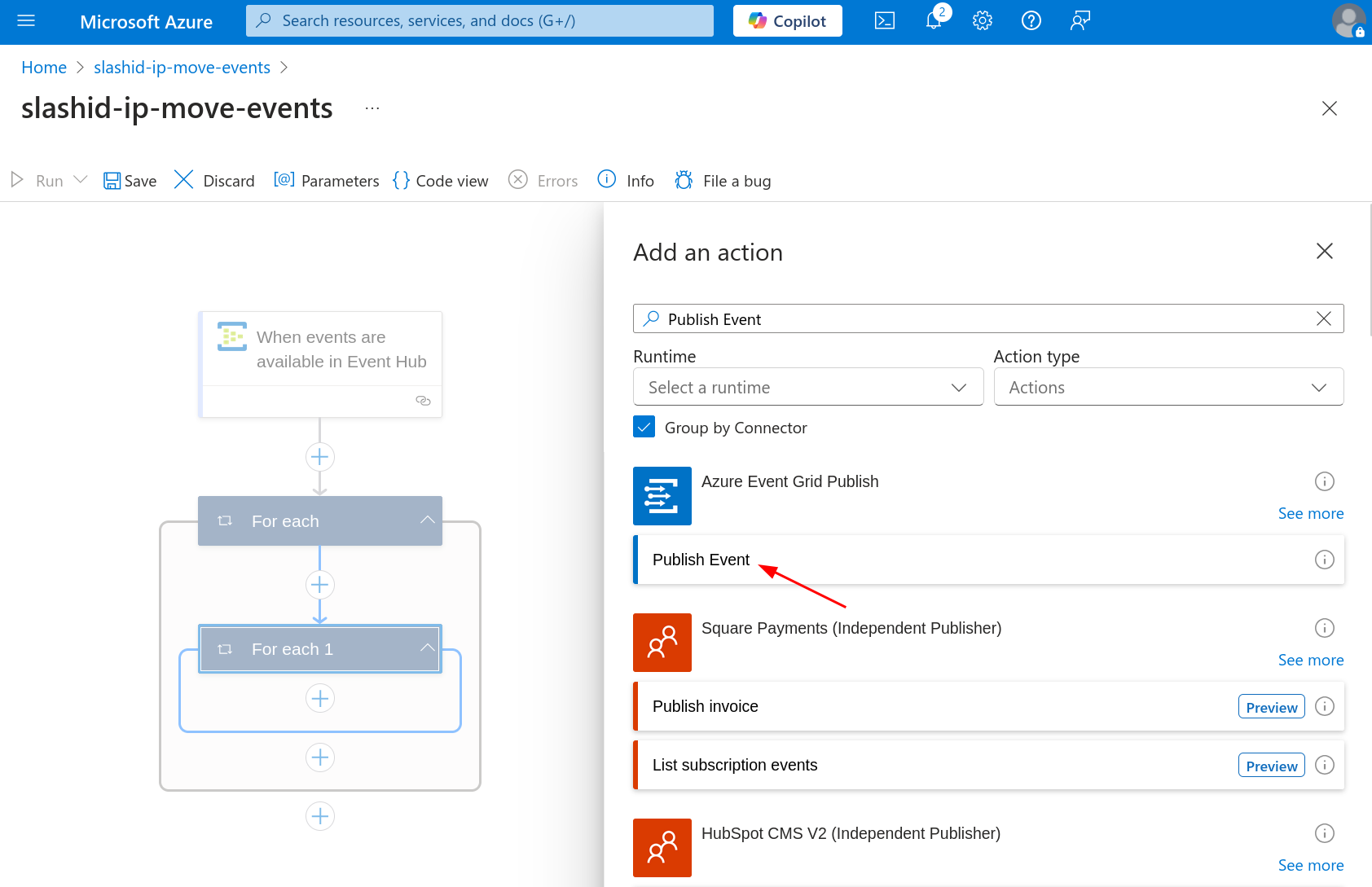 Add a "Publish Event" action to the Logic App