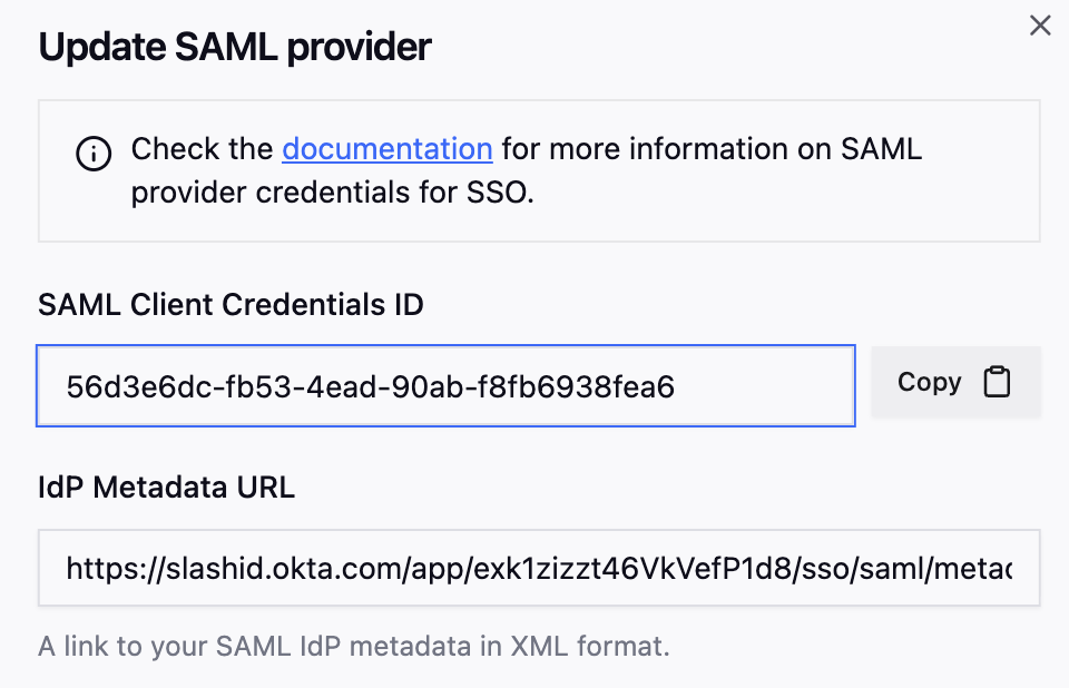SlashID Console - SAML Credentials ID